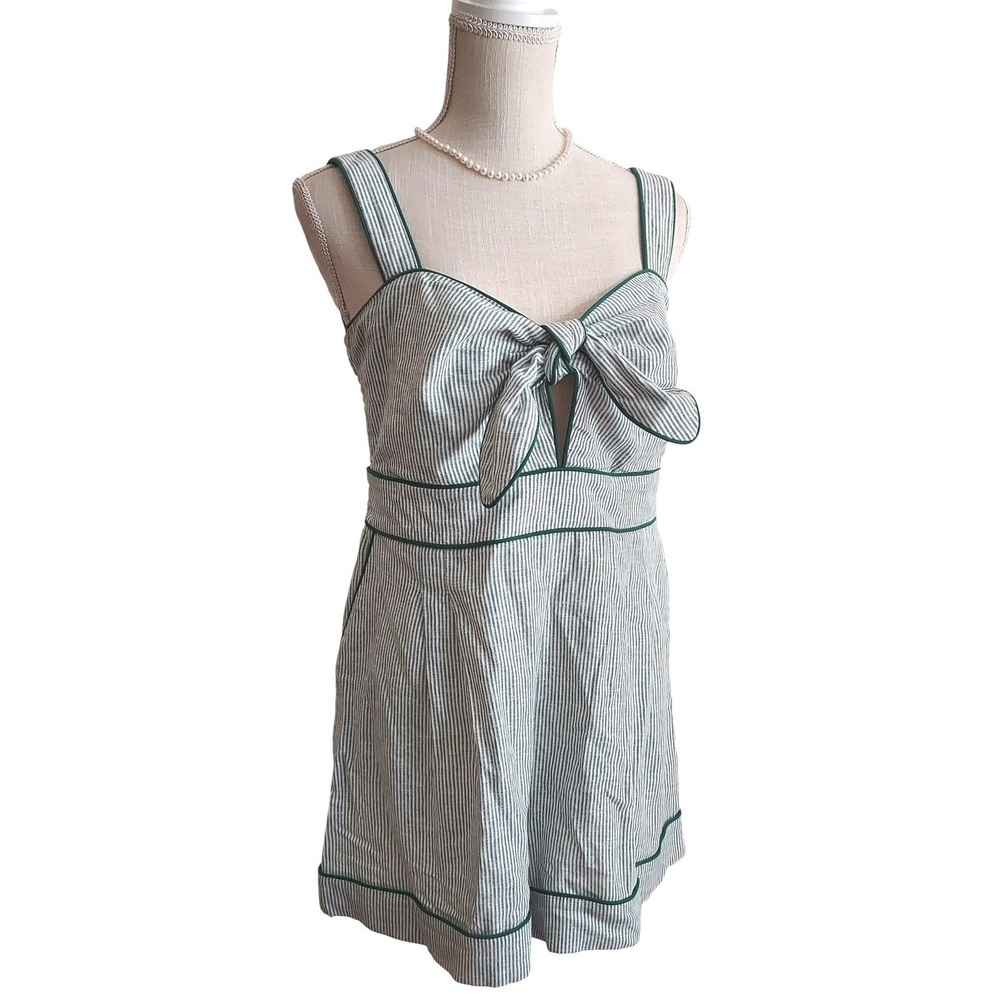 Caroline Constas Romper Womens Large Green White Linen Blend Pinstripe Smocked
